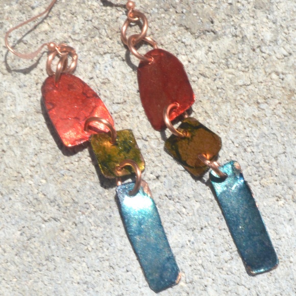 Primitive Brutalist Copper Earrings Boho Gift Chartreuse Festival Handmade - Picture 4 of 10